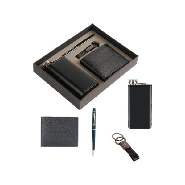 Gift box containing hip flask, wallet pen & Keychain